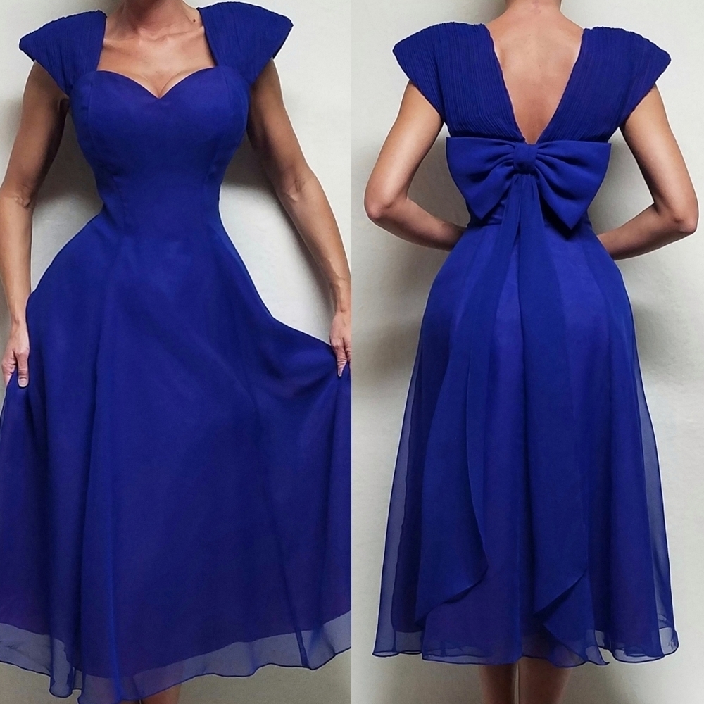 90s Vintage Bari-Jay Violet Blue Chiffon Bow Back Sweetheart Neckline Midi Dress